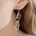 Sterling Silver Druzy Fringe Earrings in green velvet box with flowers; close-up of earring on ear and in hand. 2 3/4in boho dangles.
